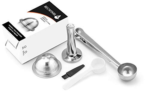 Fictory Lot de capsules réutilisables en acier inoxydable pour Nespresso Vertuoline, comprend un tampon à poudre, une cuillère et un pinceau, réduit les déchets