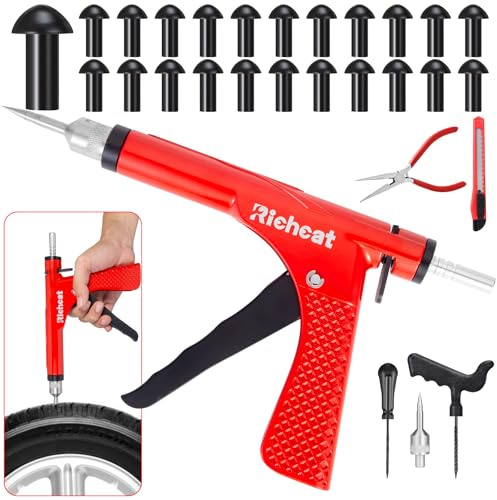 Richcat Tubeless Tire Puncture Repair Kit with Mushroom Plug Repair Puncture and Flat Tire Repair for Motorcycle, Car, Truck, ATV, Gun Puncture Repair Kit