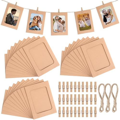 30 Pcs Cardboard Photo Frames, 4.5 x 6.1 Inch Paper Photo Frame, Cardboard Picture Frames with 30 Wooden Clips and 3 Hemp Ropes, Hanging Paper Picture Frame for Home, Office, Wedding, Party Decoration