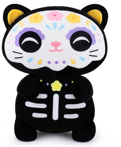 Stuffed Cat Halloween Plush Pillow Sugar Skull Decor Stuffed Black Cat, Day of the Dead Decoration Skeleton Kitten, Dia de los Muertos Plush Black Kitten Hugging Pillow Cuddly Toy Halloween Present