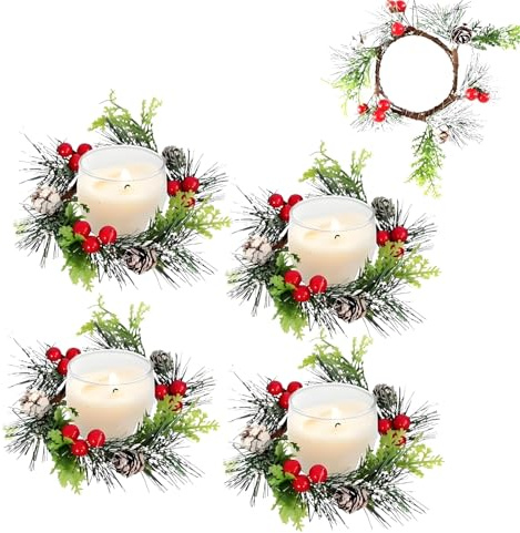 Bestevery 4 Stück Künstlicher Roten Beeren Weihnachtskerzenringe, Mini-Tannenkranz, Puppenhaus Kranz, Weihnachtskerzen Ringe, Für Weihnachts-Tischdekorationen (B)