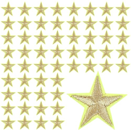 60 Stück Goldene Sterne Patches zum Aufbügeln, 2,8 CM Aufnäher Patches Zum Aufnähen, Bügelbilder für Textilien, Bestickte Applikationen für Kleidung, Jacken, Rucksäcke, Hüte, Jeans, DIY Verzierungen