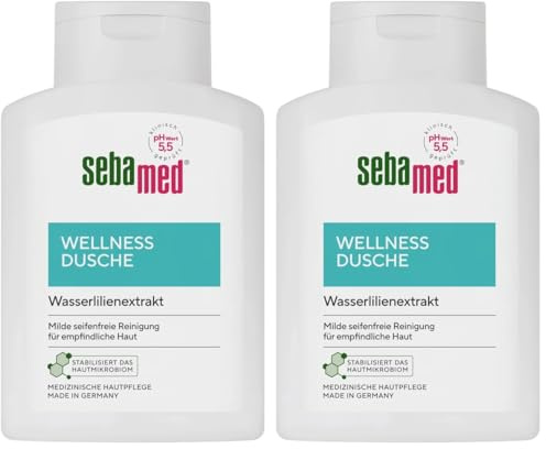 Sebamed Wellness Dusche 200 ml, Duschgel für Männer und Frauen, milde seifenfreie Reinigung für empfindliche Haut, mit Pflegekomplex aus Wasserlilienextrakt und Allantoin, fürs tägliche Duschen