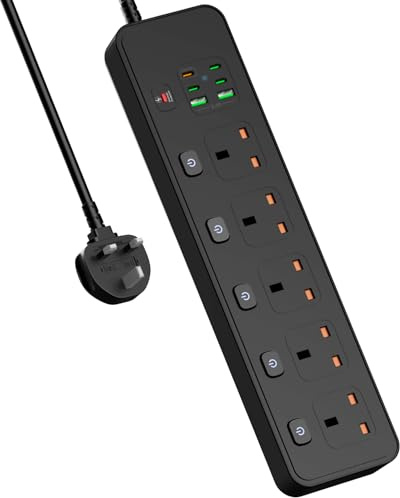 BOCHLION Extension Lead with 6 USB Slots, 5 Way Plug Extension Socket Surge Protection Power Strip with PD30W USB C Slot, Independent Switches and 3M Extension Cord Wall Mounted for Home Office-Black