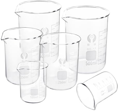 6 Stück Messbecher Glas, 100ml / 250ml / 500ml Borosilikatglas, Becherglas mit Graduierung und Ausguss für Labor und Küche