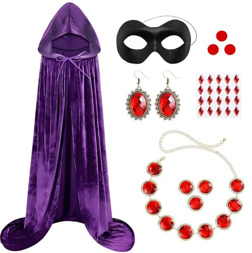 GEEKEO Costume di Carnevale Donna, Demon Costumi Donna Adulti Mantello Viola con Cappuccio, Pietra Rossa e Cintura in Vita, Cosplay Accessori per Costume Carnevale Halloween Festa in Maschera