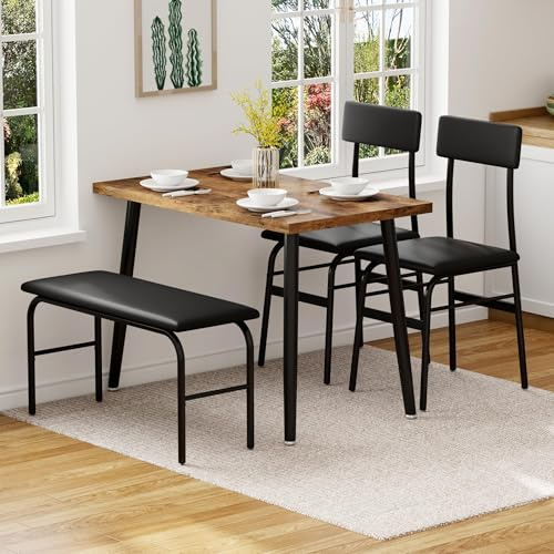 4-teligies Essgruppen mit 1 Tisch, 2 Stühlen und 1 Bank, Vintage Esstisch für 4 Personen, Gepolsterte Esszimmerstühle aus PU-Leder mit Metallgestell, für Esszimmer und Wohnzimmer, 110x65x75cm, Braun