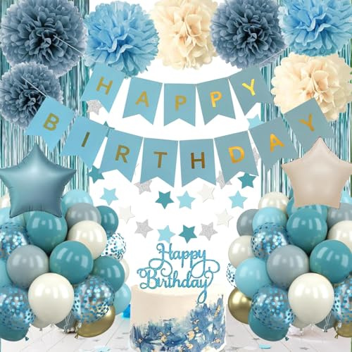 Deko Geburtstag Mann Frauen, Geburtstagsdeko Blau, Geburtstag Dekoration | Luftballons, Party Deko Geburtstag Ballons Set mit Happy Birthday Banner, Pompons Stern Folienballons, Lametta Vorhang