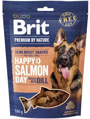 Brit Premium Halbfeuchte Leckerlis für Hunde mit Lachs & Dill, 180 g | Leckerlis mit Lachs & Dill, saftige Textur, unterstützt Haut, Fell & Verdauung, gut verträglich, perfekte als Belohnung