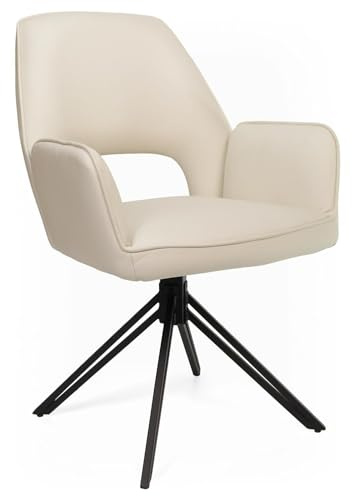 Home4You Armlehnstuhl - Creme - Mikrofaser Lederoptik - 360° Drehbar - Metallgestell Schwarz Matt - Esszimmerstuhl - 120 kg Belastbarkeit - 59x89x63 cm