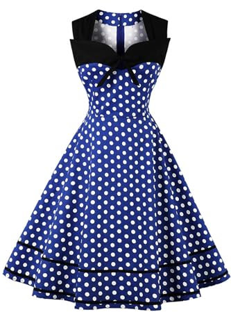 AXOE Femme Robe Vintage Années 50 60 Motifs Pois ou Uni Taille Haute Coupe A Robe Cocktail Soirée Ville Coton Élastique Bleu et Blanc, Taille 46, XXL
