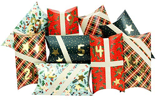 Papierdrachen Adventskalender 2025 - rot-grün-gold - 24 Pillowboxen aus Karton mit Washitape & Zahlenaufklebern - DIY Adventskalender zum Befüllen