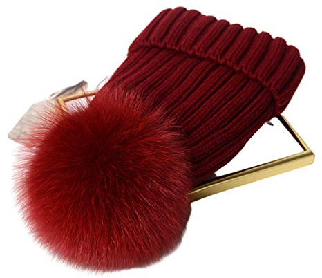 feifanshop Damen Echtfell Fuchspelz Fell Pelz Bommel Strick Mütze Winter-Mütze Bommelmütze (Weinrot)