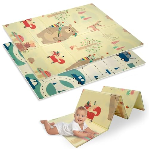 Humbi Spielmatte Baby, Krabbelmatte, XPE Schaumstoff, Doppelseitig, Flatbar, Wasserdicht, Extra Größe, Teppich Babymatte, rutschfest, 120x180 Teddys, Füchse und Autos