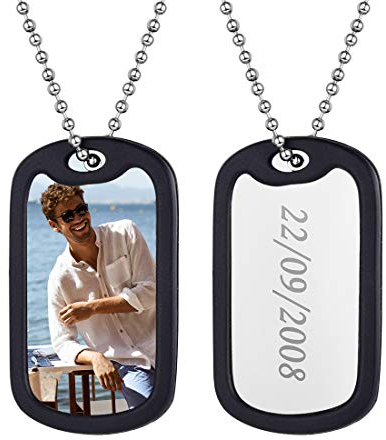 U7 Foto Kette für Männer Frauen Edelstahl Namen Texte Gravur Erkennungsmarke mit schwarzem Silikon-Rahmen personalisiert Dog Tag Anhänger 60cm Kugelkette Modeschmuck für Weihnachten Jahrestag