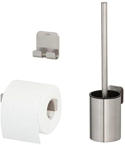 Tiger Colar Badaccessoire-Set, 3-teilig, Edelstahl gebürstet, bestehend aus Toilettenpapierhalter zur Wandmontage, Haken und WC-Bürste, Montage ohne Bohren dank integrierter Klebefolie