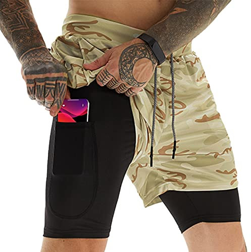 OEBLD Herren Jogging-Shorts 2-in-1 Workout Running Shorts mit Handtuchschlaufe 17,8 cm leicht Gym Yoga Training Sport Hose mit Reißverschlusstaschen - mehrfarbig - Klein