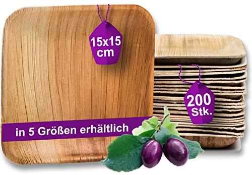 Waipur 200 Platos Desechables de Hoja de Palma Ecológicos - Cuadrado 15x15 cm - Vajilla Orgánica - Estable, Natural y Compostable - Elegantes para Fiestas - Estilo Madera