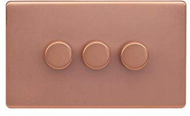 Lieber Brushed Copper 250W 3 Gang 2 Way Intelligent Trailing Dimmer Switch - White Insert Screwless