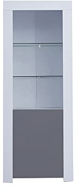 Panana High Gloss Tall Display Cabinet Wood Cupboard Sideboard Free Standing Storage Unit with Glass Shelves Door Blue LED Lights Living Room White (Grey)