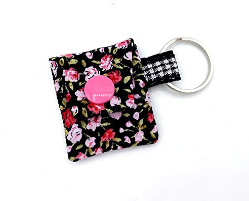 Kleine Rosen Schwarz rosa Chiptäschchen mit Chip Einkaufschiptasche Schlüsselanhänger aus Stoff Einkaufswagen-Chip