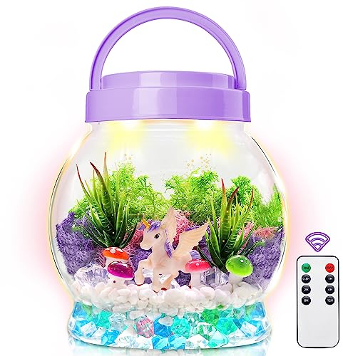 SLDALES DIY Einhorn Geschenk für Mädchen,Terrarien Kit Licht Mit Pflanzen Garten Einhorn Spielzeug für 3 4 5 6 7 8+ Jahre Kinder