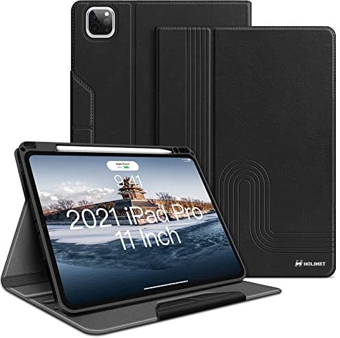 HOLIMET iPad Pro 11 Hülle 2022/2021/2020 mit Stifthalter, PU Leder Schutzhülle TPU-Rücken Stoßfest Auto Schlaf/Wach Unterstützung Stift Kabelloses Aufladen Cover für iPad Pro 11 Zoll 4/3.Gen (Schwarz)