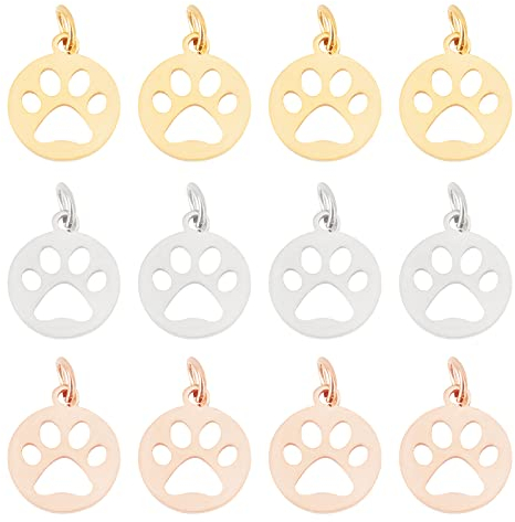 UNICRAFTALE 12Stk 3 Farben Flach Rund Hundepfotenabdrücken Charms Metall Hundepfoten Anhänger Edelstahl Charms Anhänger 4mm Loch Haushund Anhänger Schmuck Anhänger Für Armbänder Schmuckherstellung