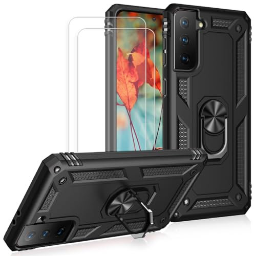 JOYTAG Hülle für Samsung S21 5G Hülle,handyHülle+ panzerglasfolie [2 Stück] Silikon TPU 360 Grad Drehring aus Halter magnetisch Autotelefon case-Schwarz