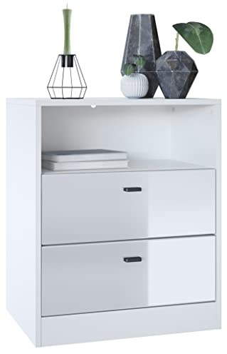 Vladon Kommode Pino V1, Made in Germany, Nachttisch mit 2 Schubladen & 1 offenem Fach, Weiß matt/Weiß Hochglanz ohne LED (56 x 67,5 x 36 cm)