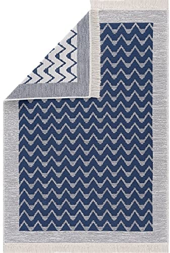 Pasha Home Läufer 80x150 cm Oslo/Boho Teppich aus Baumwolle für Wohnzimmer, Schlafzimmer, Küche, Bad, Kinderzimmer/Wendbar/Grau-Blau