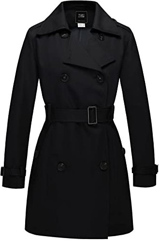 Wantdo Femme Trench-Coat à Double Boutonnage Veste Coupe-Vent à Fermeture Boutonnée Manteaux Ceinturés Mi-Longue Poignets Réglables Épaulettes Noir 14