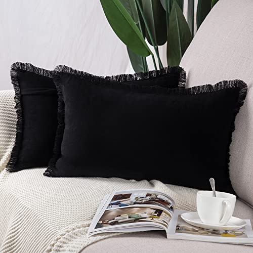 Madizz 2er Set Kissenbezügen aus Wildleder mit Fransenquasten Weiche dekorative Kissenbezüge für Sofa Schlafzimmer Kissenhülle Schwarz 30x50 cm Rechteckig