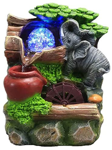 PUFAN Mini Desktop Fountain Ornament,Indoor Rockery Desktop Water Fountain Waterfall with Rolling Ball Waterwheel Elephant Decor