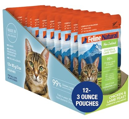 Feline Natural New Zealand Pâté Wet Cat Food Pouch, High-Meat, Low-Carb, & Grain Free Cat Food Wet, Chicken & Lamb, 3 oz, Pack of 12