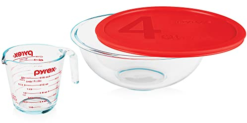 Pyrex Smart Essentials 3-Piece Glass Prep Set, 4-QT Glass Mixing Bowl with lid and 2-Cup Measuring Cup, Dishwasher, Microwave and Freezer Safe, Essential Kitchen Tools