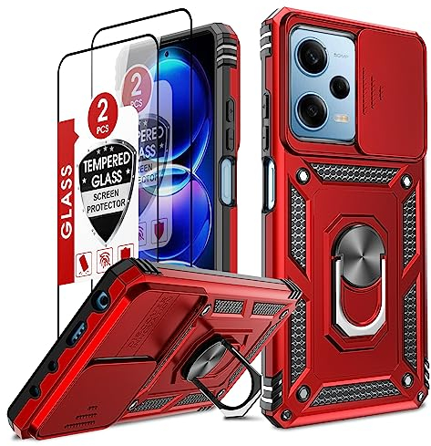 LeYi Objektivschutz Hülle für Xiaomi Redmi Note 12 Pro 5G/Poco X5 Pro Handyhülle & 2 Displayschutz,Militärstandard Sturzfeste Schutzhülle Kamera Schutz Abdeckung Case MetallRing Handy Hüllen Cover Rot