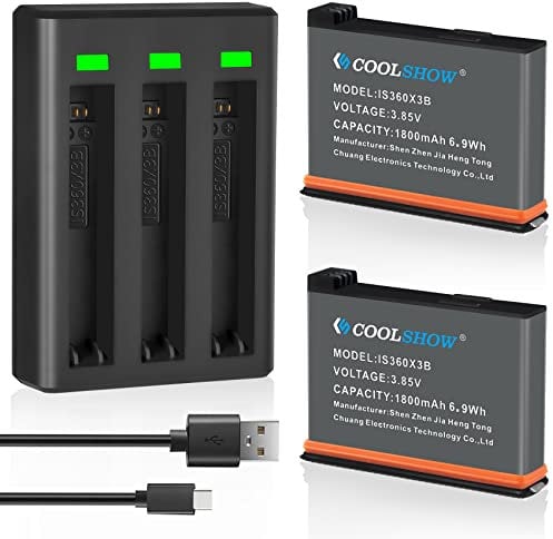COOLSHOW Action Camera X3 Battery Replacement 1800mAh 2 Packs and Triple X3 Charger Compatible with Insta360 X3 Camera