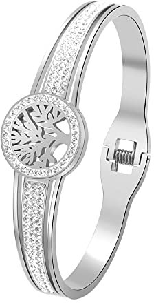 Cupimatch Damen Armband Armspange Edelstahl Armreif Duftarmband zum Öffnen mit Aromatherapie｜Lebensbaum Armband mit Strasssteinen ｜Geschenke für Frauen Mädchen zu Geburtstag Valentinstag Jahrestag