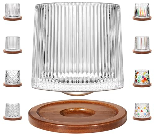Uten Drehbare Whiskey Gläser Kristall, Wassergläser 275 ml/ 10 oz mit Bambus Untersetzer, als Cocktailbecher Kaffeetasse, Geschenkideen, 1 pcs, Stehaufmännchen Gläser