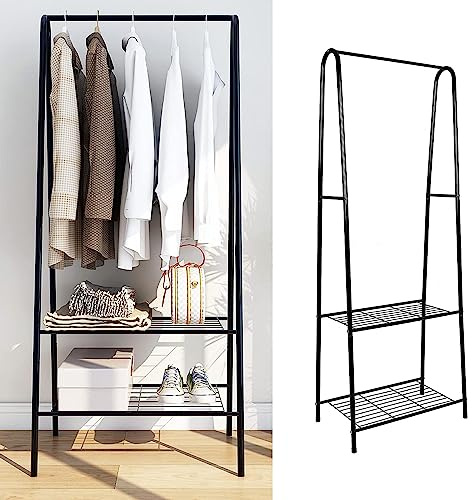 MINGYI Portant à Vêtements pour Chambre, Porte-vêtements Métallique, Penderie à Vêtement avec Étagères à Chaussures, Porte-Manteaux sur Pied (Noir Forme de A 59×36×160 cm)