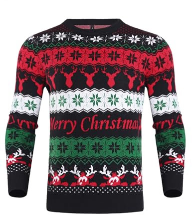 iClosam Jersey de Navidad para Hombre Divertido de Punto de Navidad suéter con Cuello Redondo, Negro