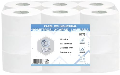 Papel Higiénico Industrial de 2 Capas 100% celulosa, 18 rollos (18 Rollos de 100m)
