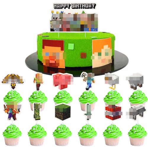 25 Stück Pixel Cake Topper, Miner Game Cupcake Toppers, Pixel Crafting Tortendeko, Video Game Kuchendeko Geburtstag, Kuchen Deko für Mädchen Jungen Party Decorations Supplies