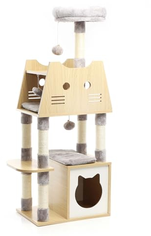 Fudajo Árbol rascador para Gatos Gris con Madera 126cm con gatera, Postes en sisal y tumbonas