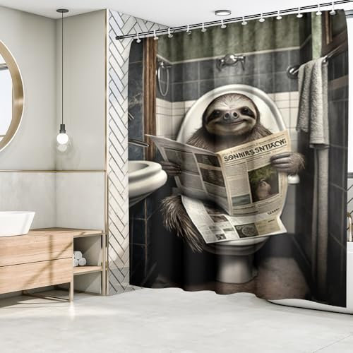 Fchen art Duschvorhang mit Faultiermotiv auf der Toilette, Lesen von Zeitungen, rustikaler Bauernhaus-Duschvorhang, Faultier-Stoff, wasserdicht, schnell trocknend, Polyestergewebe,