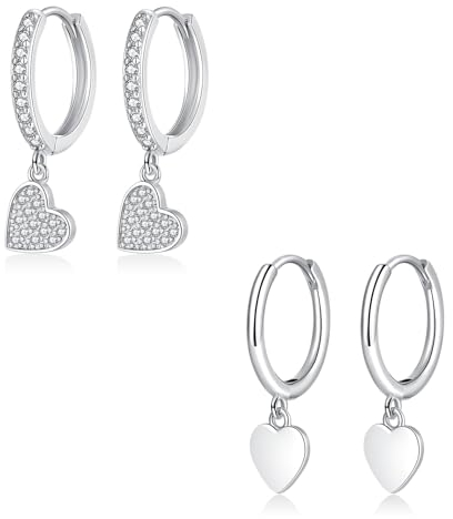 Loutade 925 Sterling Silber Creolen Mit Anhänger - 2 Paare Ohrringe Hängend Mit Herz, Hypoallergene Ohrhänger Knorpel Schlafen Mit Liebe Baumeln