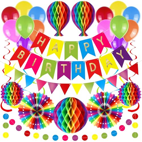 Premium Wiederverwendbare Geburtstagsdeko - Deko Geburtstag / Party Deko - Luftballons, Happy Birthday Girlande, Wimpelkette Geburtstag, Wabenbälle - Happy Birthday Deko (Regenbogen + Ballons)
