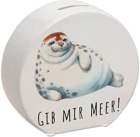 Dicke Robbe Spardose mit Spruch Gib Mir Meer Pummeliges Meerestier Übergewichtig Mollig Rundlich Dickes Säugetier maritim
