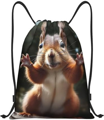 OUSIKA Rucksack mit Kordelzug, Motiv: Eichhörnchen, lustiger Tier, wasserdicht, Sporttasche, Turnbeutel für Damen und Herren, Schwarz , S